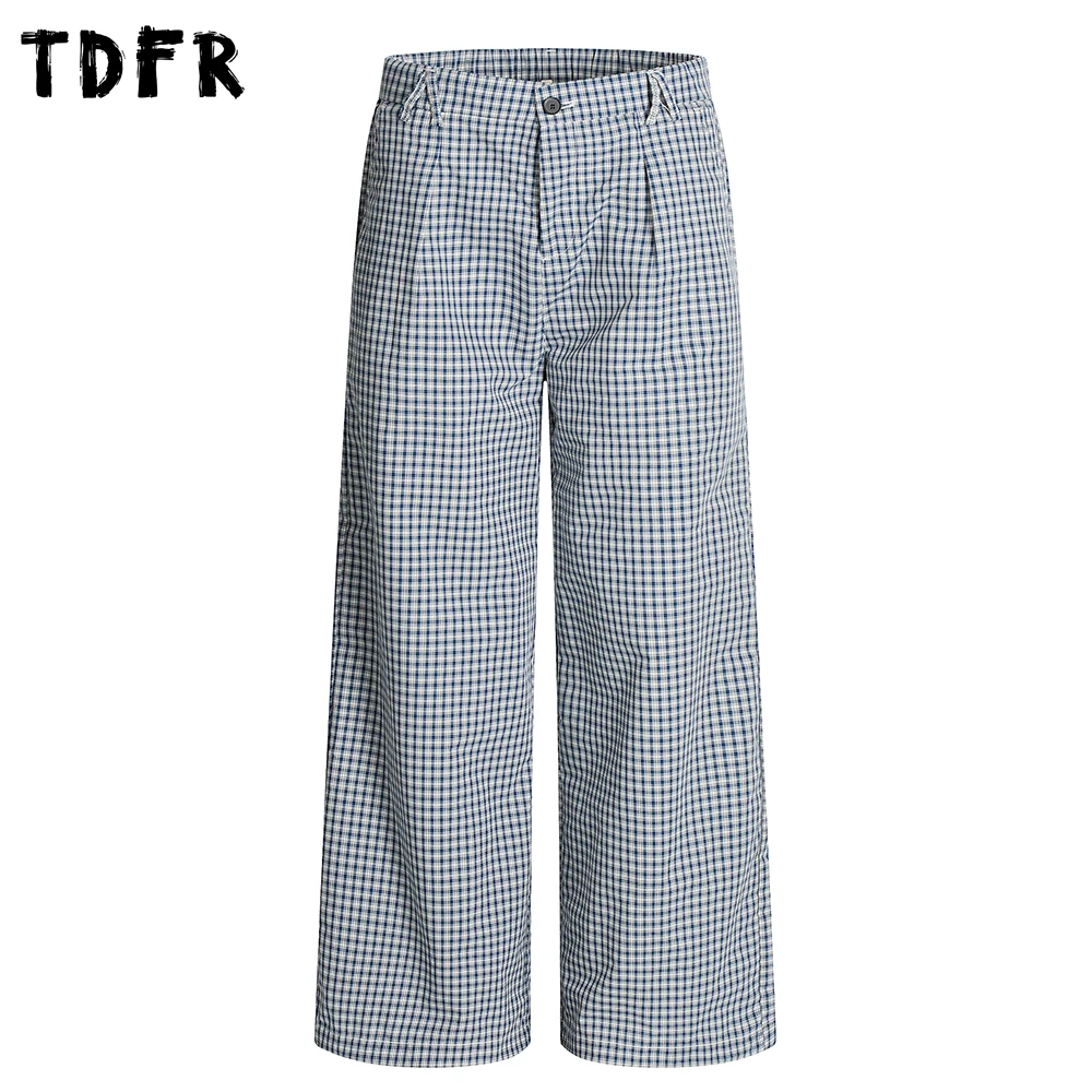 

Small Plaid Casual Pants Mens Retro Casual Autumn Streetwear Loose Pleated Straight Wide Leg Trousers Men