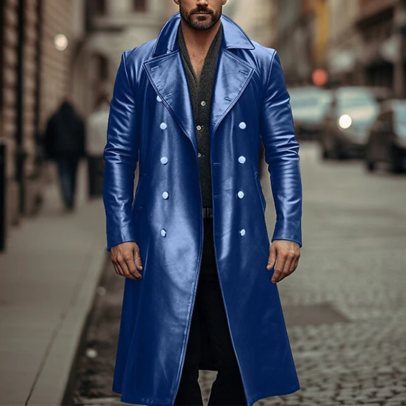 American European Men Long Leather Windbreaker Streetwear Double-breasted Men's Leather Jacket Steampunk Mens Clothing Plus Size - Image 4