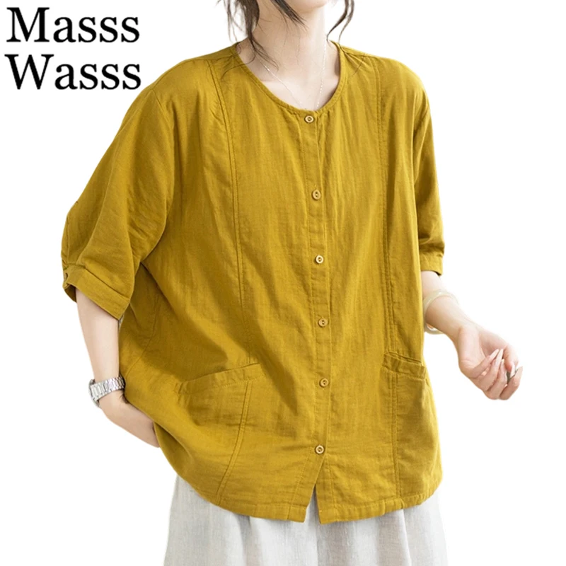 

Masss Wasss Summer Causal Loose Elegant Tops Womens 2026 Fashion Vintage Soild Shirts Ladies British Design Cotton Linen Blouses