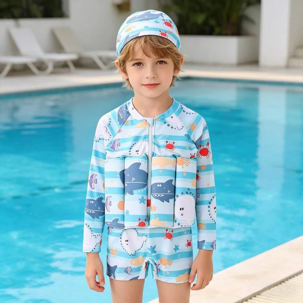 1-6Y Kids Long and Short Sleeve Buoyancy Swimsuit Blue Stripe Shark Print Floating Swimwear Quick Dry Rash Guard with Swim Cap