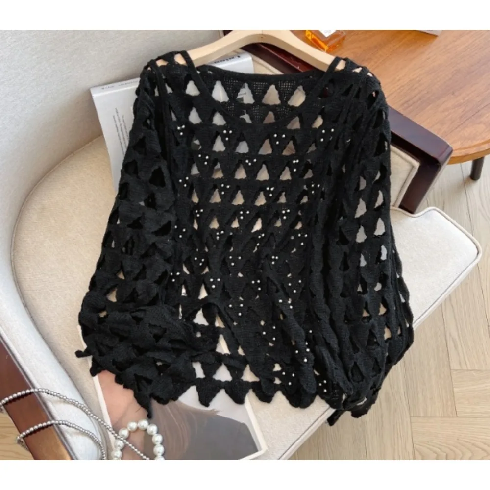 

Повседневный свободный элегантный кардиган с длинными рукавами и бисером с круглым вырезом, шикарный крючок с цветком, весенне-осенний топ, одежда больших размеров