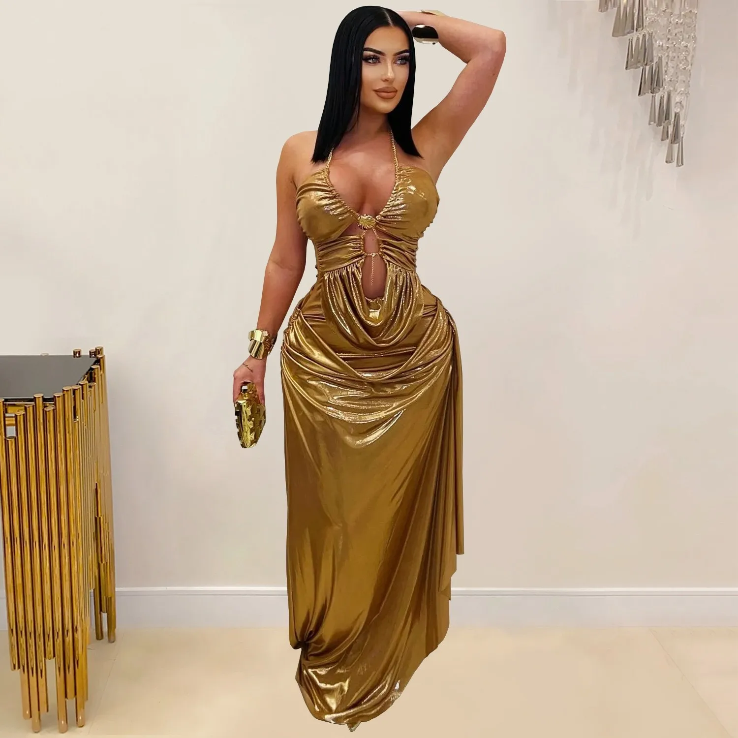 Prom Dress Evening Wedding Guest Halter Neck Long Sleeveless High Waist Metallic Gold Ruched Waist Cut Out Detail Maxi Dress