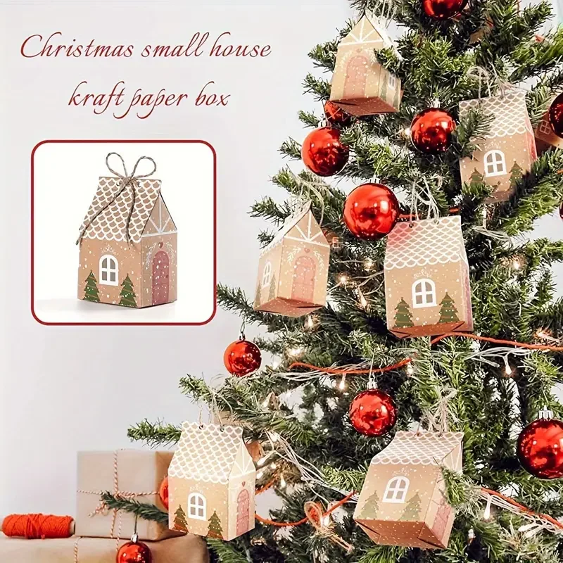 10/20/50PCS Christmas House Gift Box Kraft Paper Candy Dessert Small House Packaging Bag Bowknot Box Christmas Party Decorations