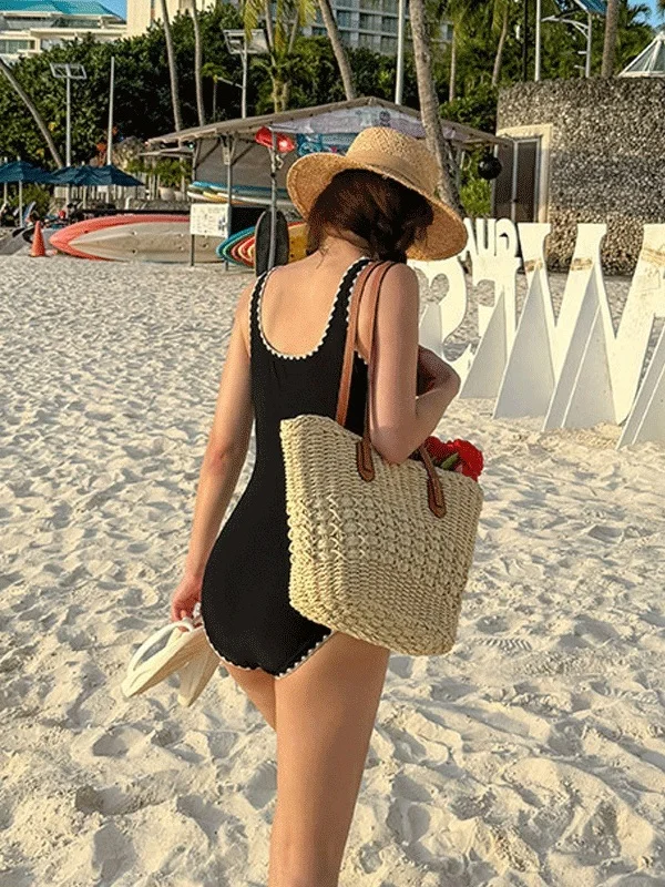 

Элегантный черный слитный купальник для женщин с декоративными пуговицами, корректирующий фигуру, для отдыха на горячих источниках, модный, в простом стиле