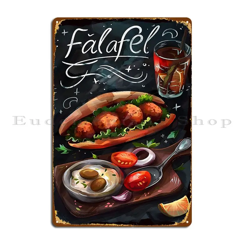 Falafel Delight-cartel de hojalata, Mural de señal de Metal Ai generativo de la tradición de Oriente Medio, magia y orgánica vegana del Mediterráneo