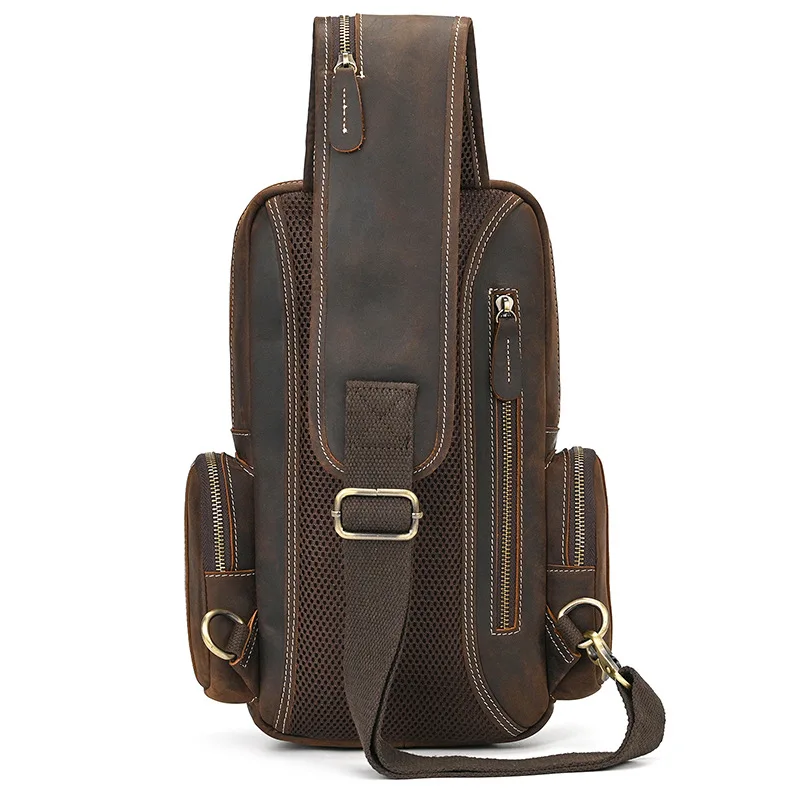 Water-Resistant Outdoor Chest Pack for Men Genuine Crazy Horse Leather Vintage Crossbody Sling Zipper Pockets Shoulder Bag