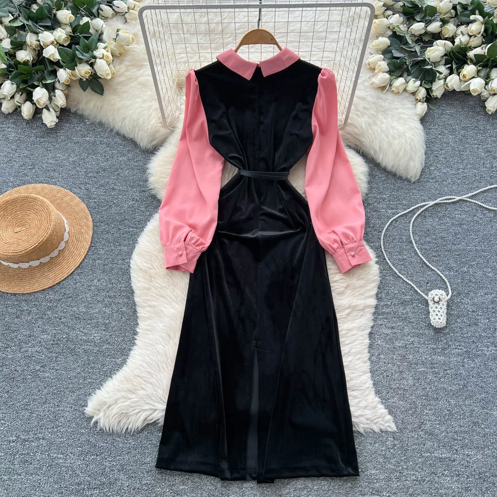 Chic vintage à manches longues faux deux pièces velours élégant fée mode coréenne automne femmes vêtements robe longue