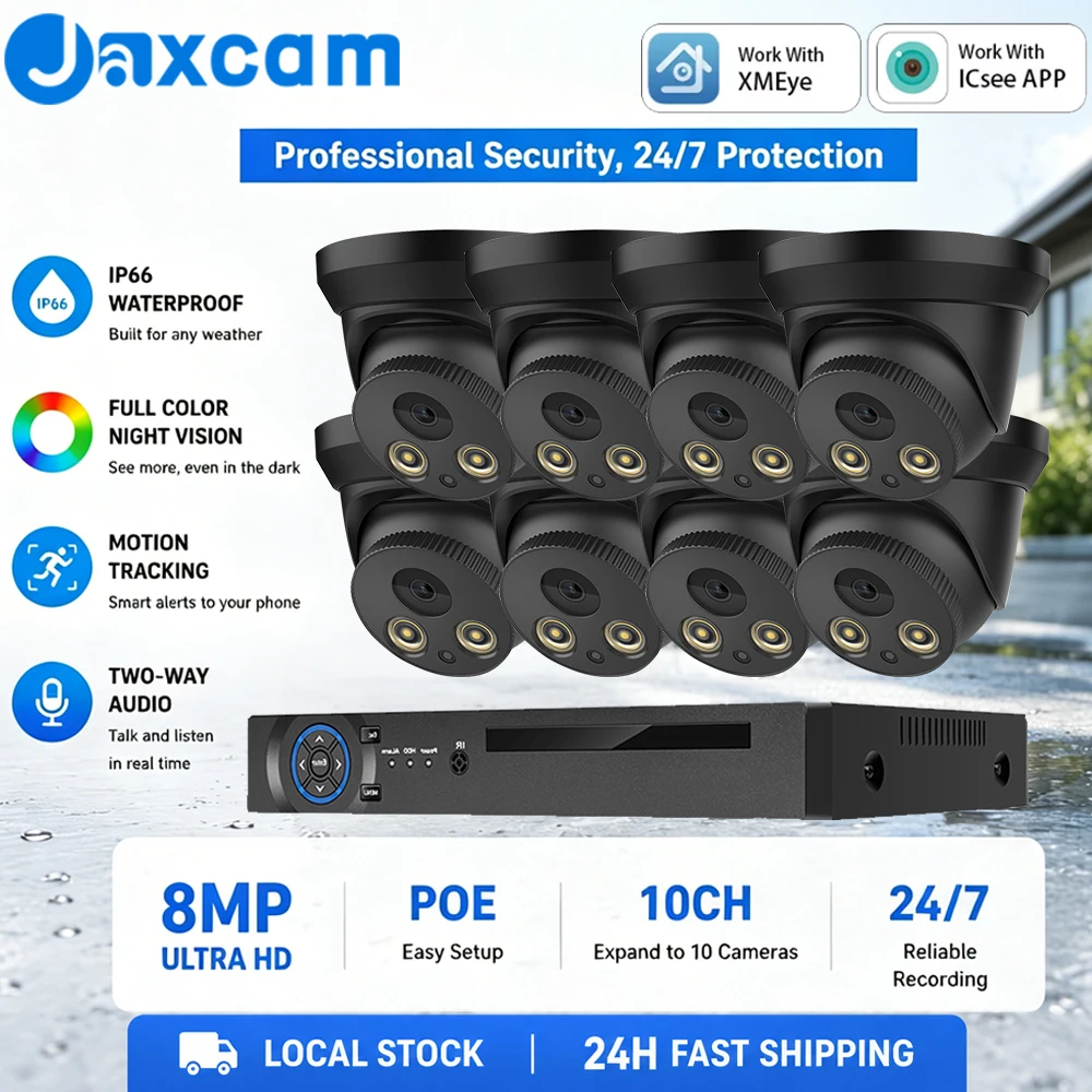 10CH Security Camera System 8MP 4K POE NVR Kit CCTV Audio Recording Outdoor AI Color Night Vision Video Surveillance IP Cam Set