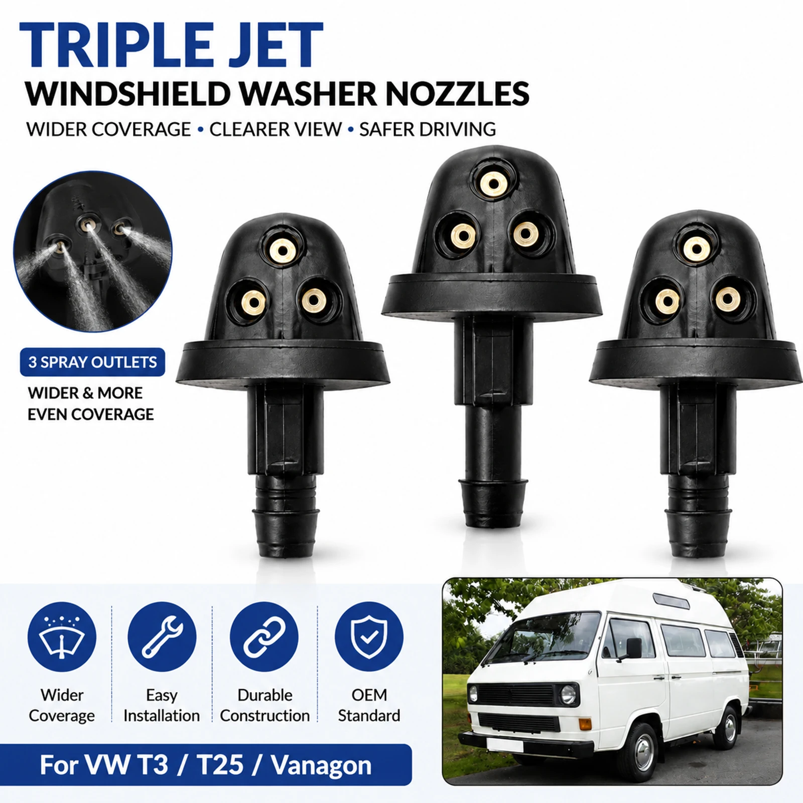3Pcs/Set Car Front Rear Windshield Washer Spray Nozzles Triple Jet For VW T2 T3 T25 Vanagon Transporter T3 Washer Jets Easy Upgraded Set