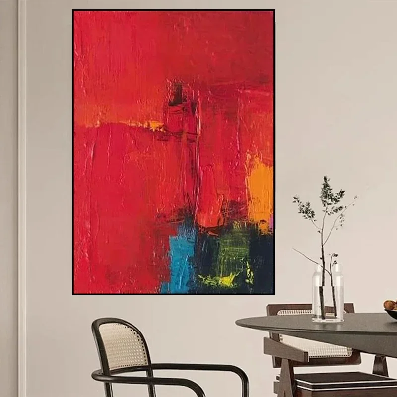 (No frame)A 100% Hand-Painted Abstract Oil Canvas Without a Frame Featuring a Red And Black Backdrop Adorned with Vibrant Acc