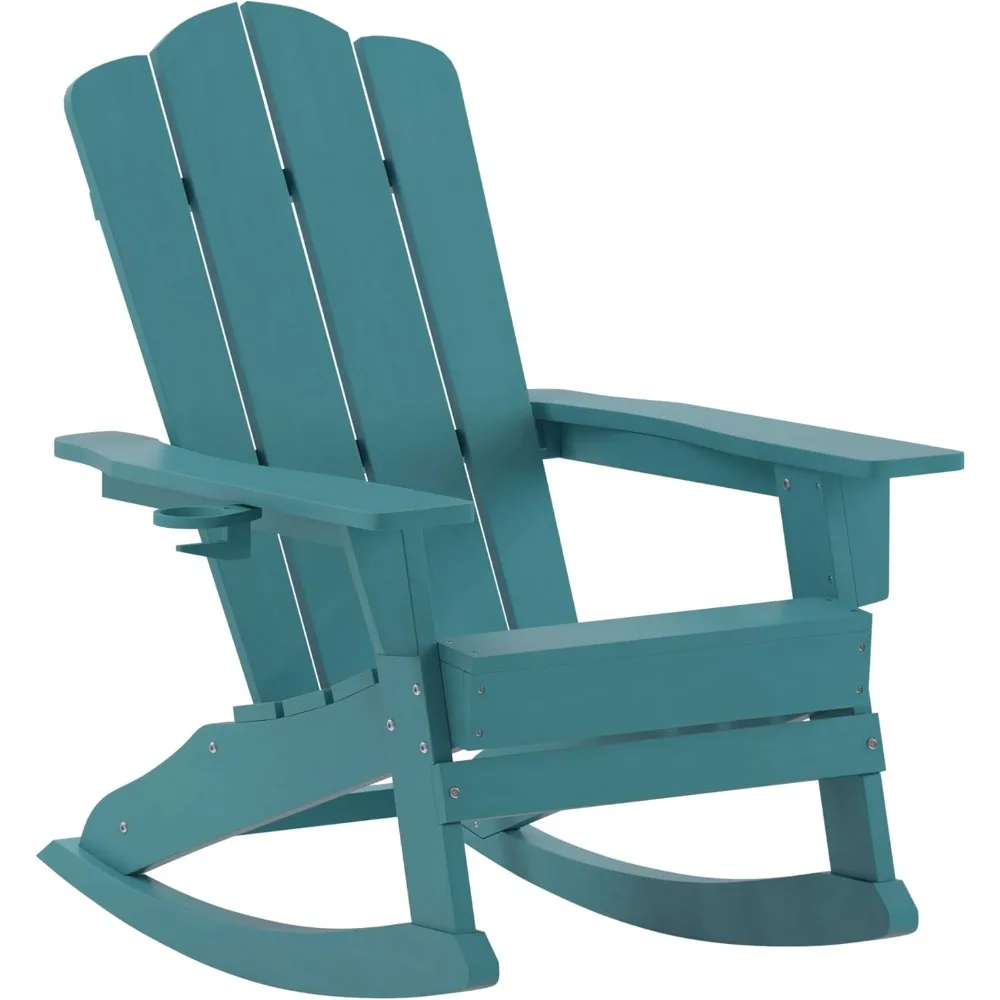 

Newport Adirondack Rocking Chair with Cup Holder, Weather Resistant Poly Resin Adirondack Rocking Chair, Blue