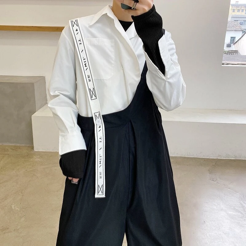 Men's Jumpsuit Premium American Casual One Shoulder Asymmetric Letter Webbing Wide Leg High End Avant Garde Pants Q5J7