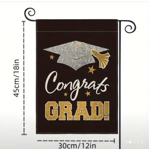 Congrats Grad Black & Gold Graduation Garden Flag - Outdoor Flag 12”x18”