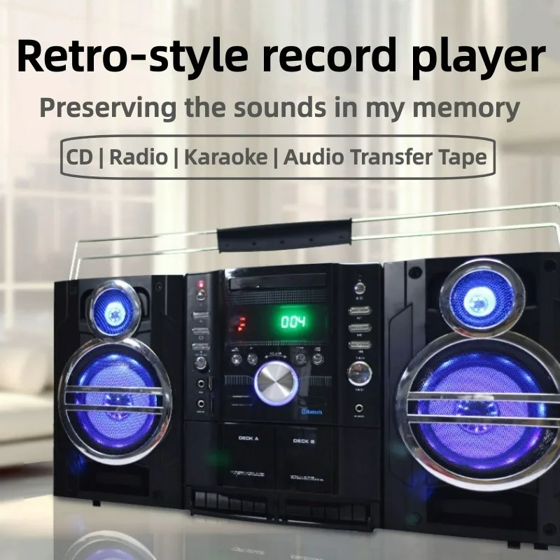 Retro All-in-one Recorder with Stereo Cassette Tape Recorder and Built-in Large Speaker Suitable for Karaoke Music Playback