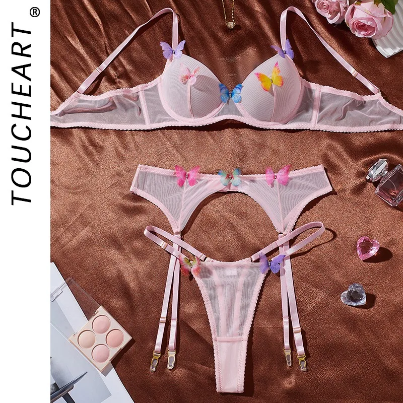 

Toucheart Cute Sexy Lingerie Mesh Bow Knot Decor See-through Pure Desire Bodyshaping Erotic Romantic Intimate Lace Underwear Set