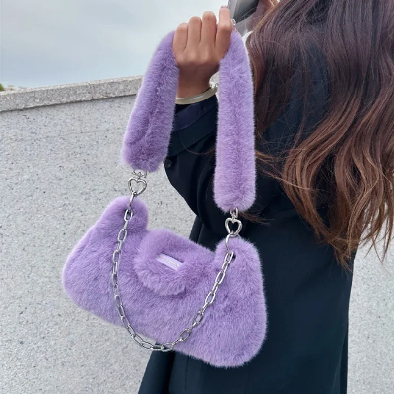 Fashion Solid Color Fake Fur Women\'s Shoulder Bag Sweet Luxury Plush Ladies Armpit Bags Simple New Chain Female Handbag Purse