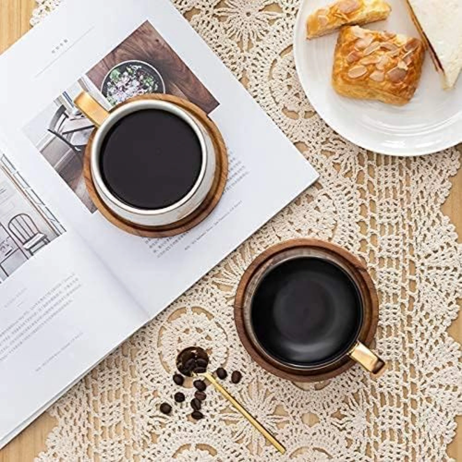 Luxurious and Elegant Matte Marble Ceramic Tea Coffee Cups with Stylish Black and White Luxury Wood Saucers, featuring Exquisite