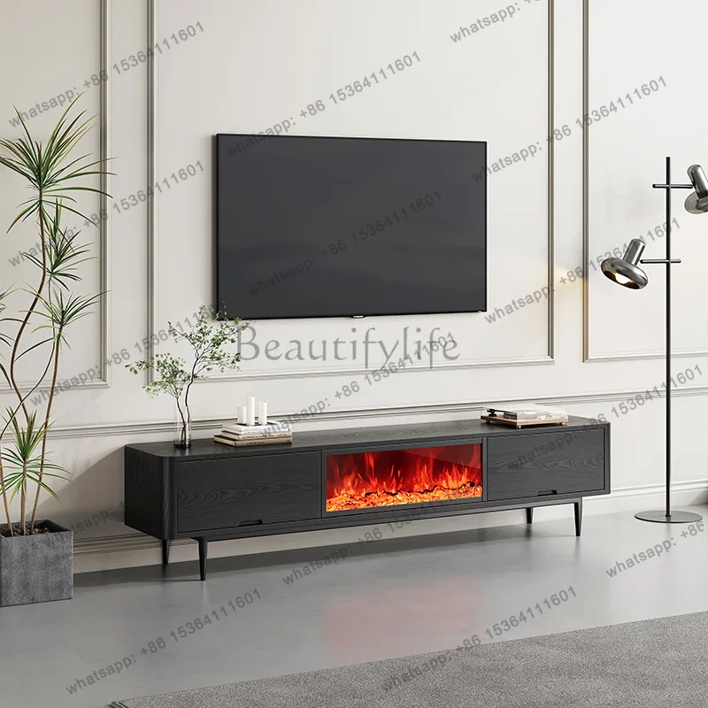 Medieval black wood grain fireplace TV cabinet simulated flame decorative floor counter