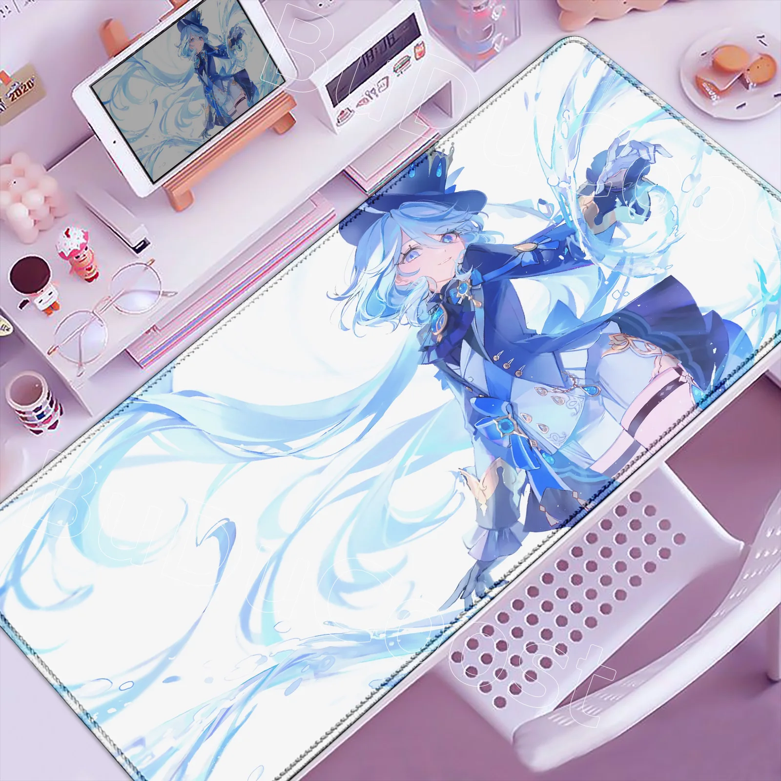 Anime Mouse Pad Gamer XXL Keyboard Mat Blue Hair Girl Top Hat Water Wave Magic Pure White Background Office Gaming Home Desk