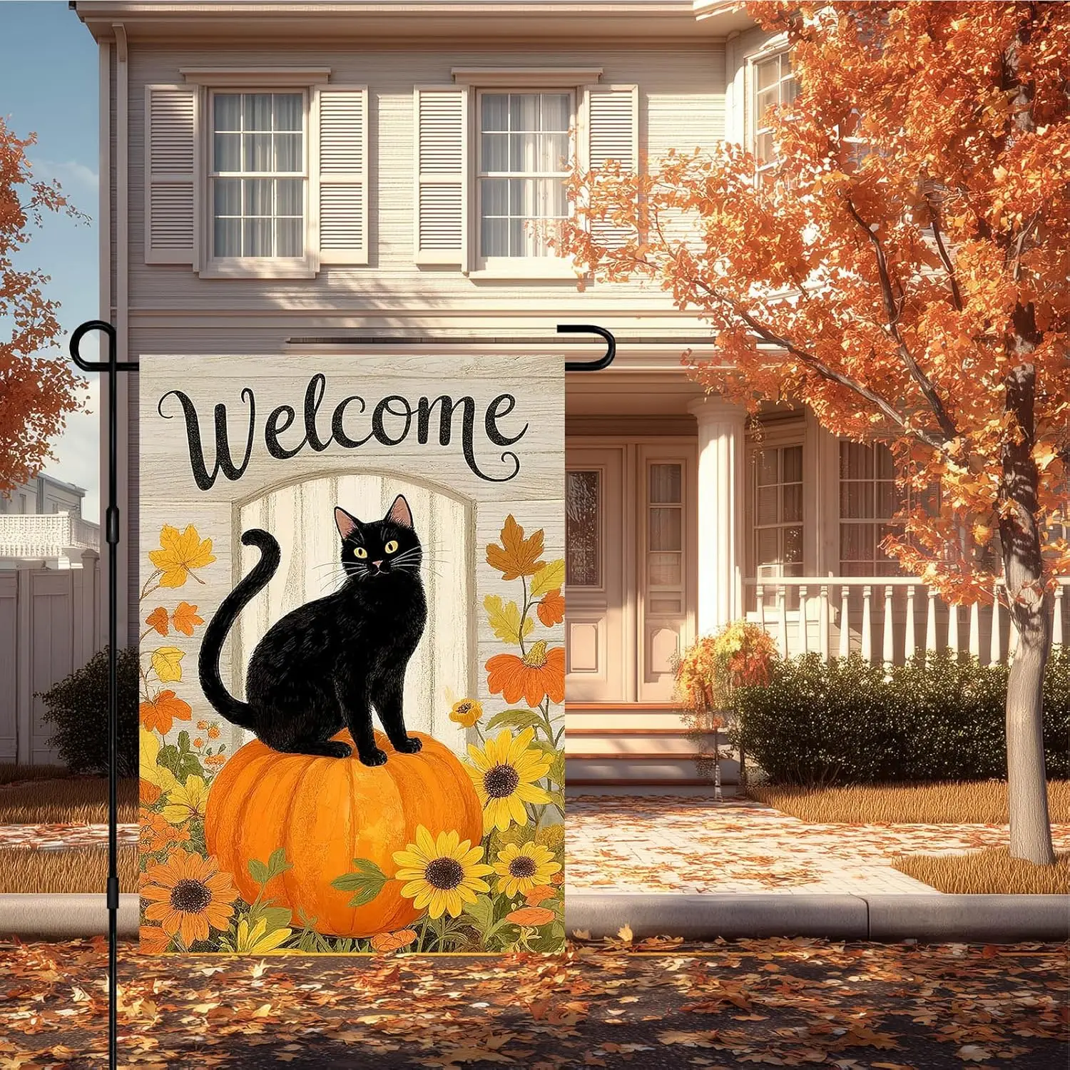 IVN Fall Garden Flag 12x18 Inch Double Sided Black Cat Pumpkin Sunflower Autumn Welcome Outdoor Yard Flag for Outside Front  zzo