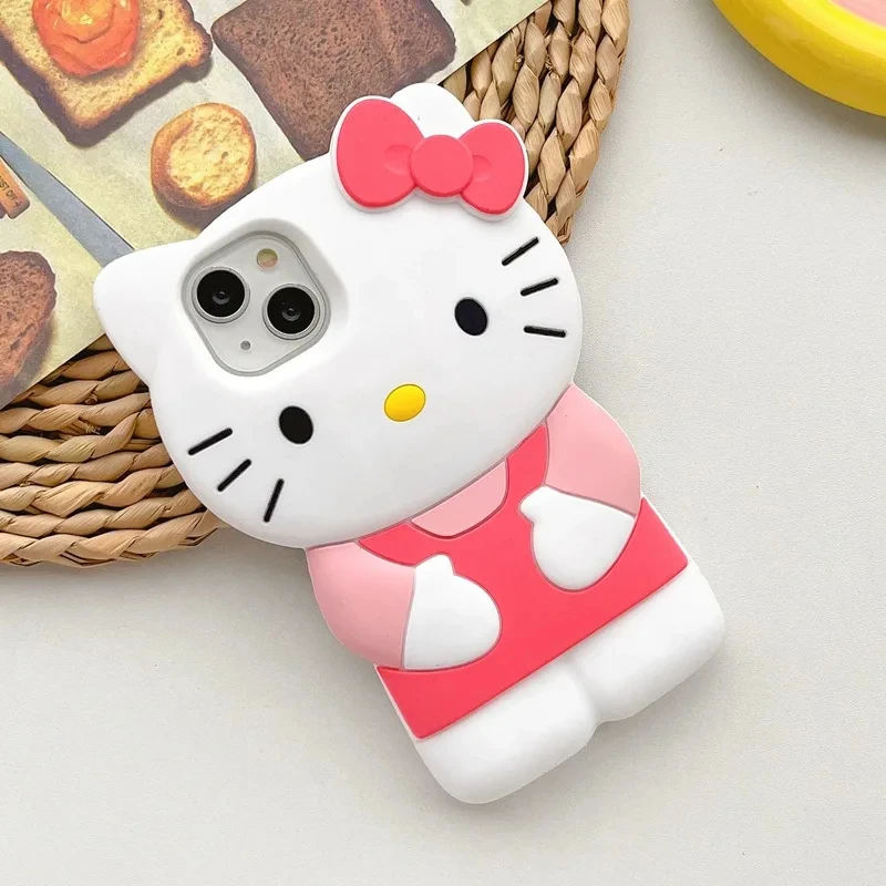 Funda de silicona suave de Sanrio 3D Hello Kitty con moño para iPhone 17 16 15 14 13 12 Pro Max 11 Xs XR 7 8 Plus SE 4