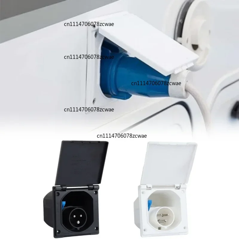 CEE Power Plug 230V/16A/3-Pin With Hinged Lid Black White Mains Hook Up Socket RV Caravan Outdoor Camping Extension Plug