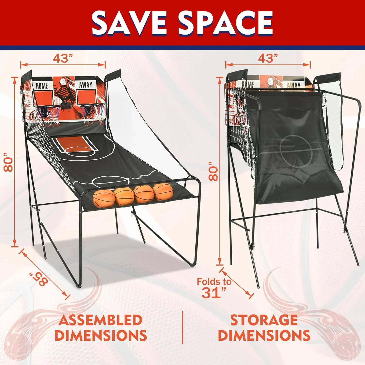 Dual Shot Electronic Arcade Basketball Game Premium 2-Player Foldable Indoor Training Equipment with 4 Balls and 2 Hoops