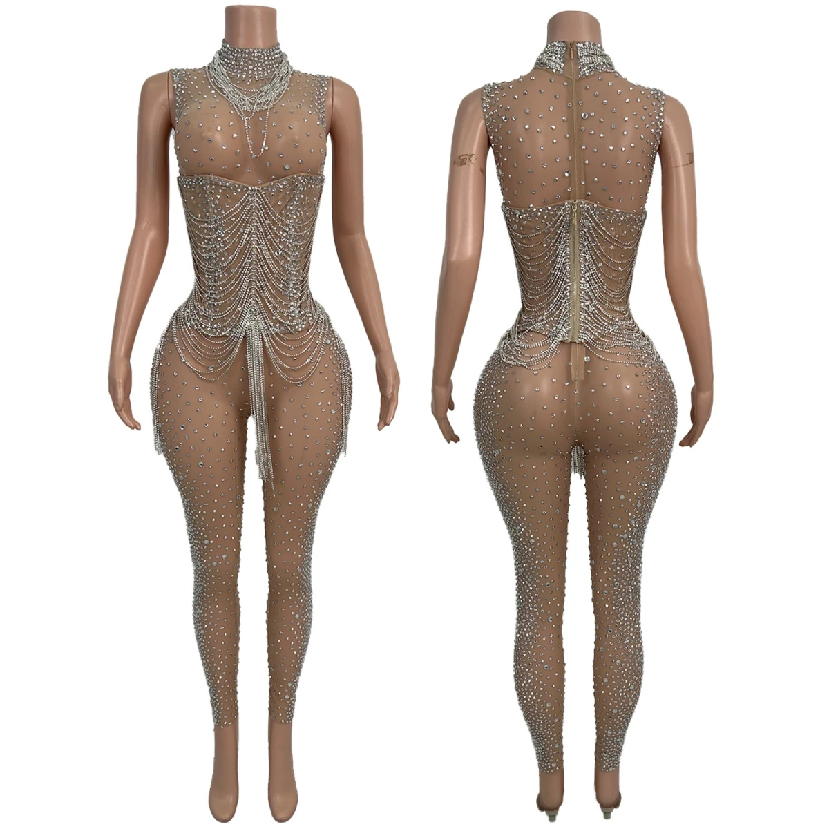 Luxury High-end Couture Brilliant Crystals Tassel Tight Fitting Jumpsuit Bar Party Sparkly Rhinestone Spicy Girl Outfit Fengshen