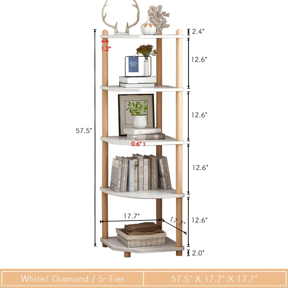 5-Tier Wooden Corner Bookshelf - Modern Open Bookcase, Free Standing Storage Rack, Multifunctional Display Stand