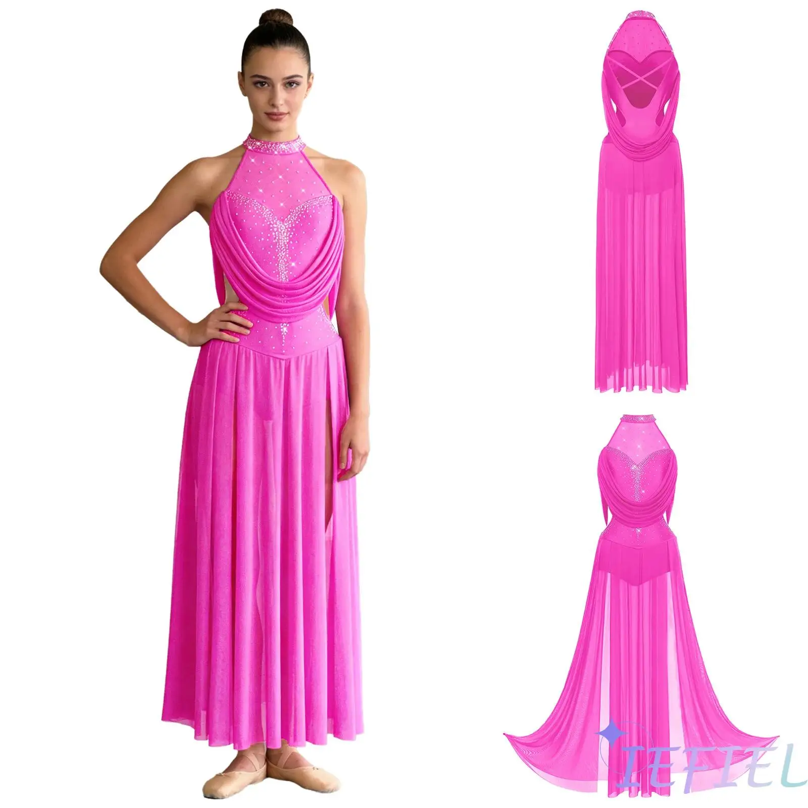 Womens Lyrical Ballroom Dance Dress Long Dress Halter Rhinestones Split Dresses for Latin Jazz Stage Competition Dance Clothing