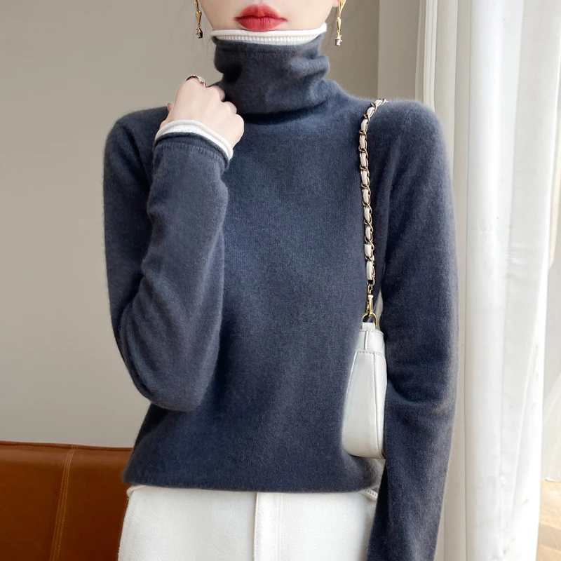 24 Autumn and winter new 100% Merino wool pile collar knitted bottom female white edge false two turtleneck loose pullover sweat