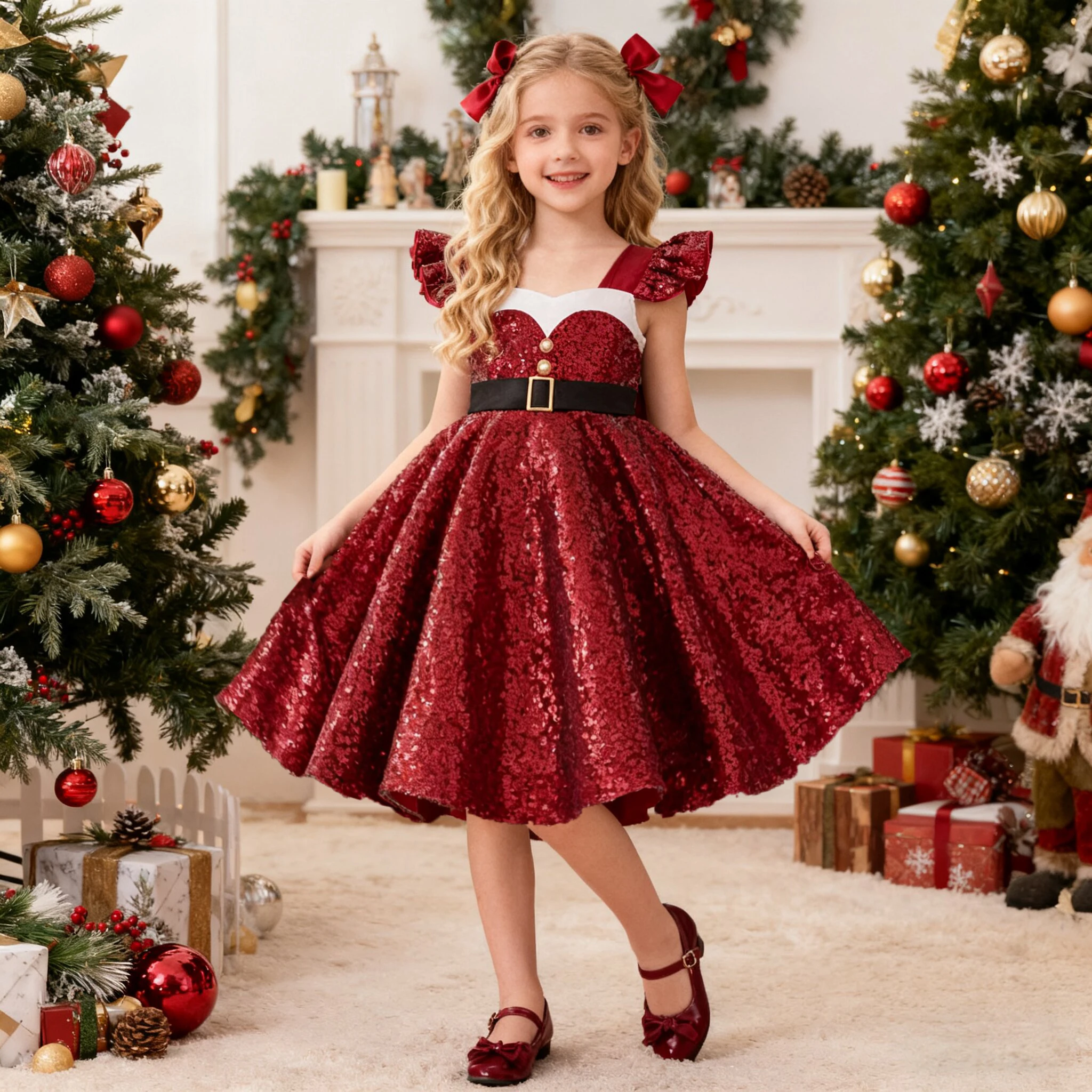 Luxus Pailletten Rot Weihnachten Party Mädchen Kleid Schleife Festival Hochzeit Festzug Geburtstag Kleider Mädchen Brautjungfern Abschlussball Kinder Kleidung