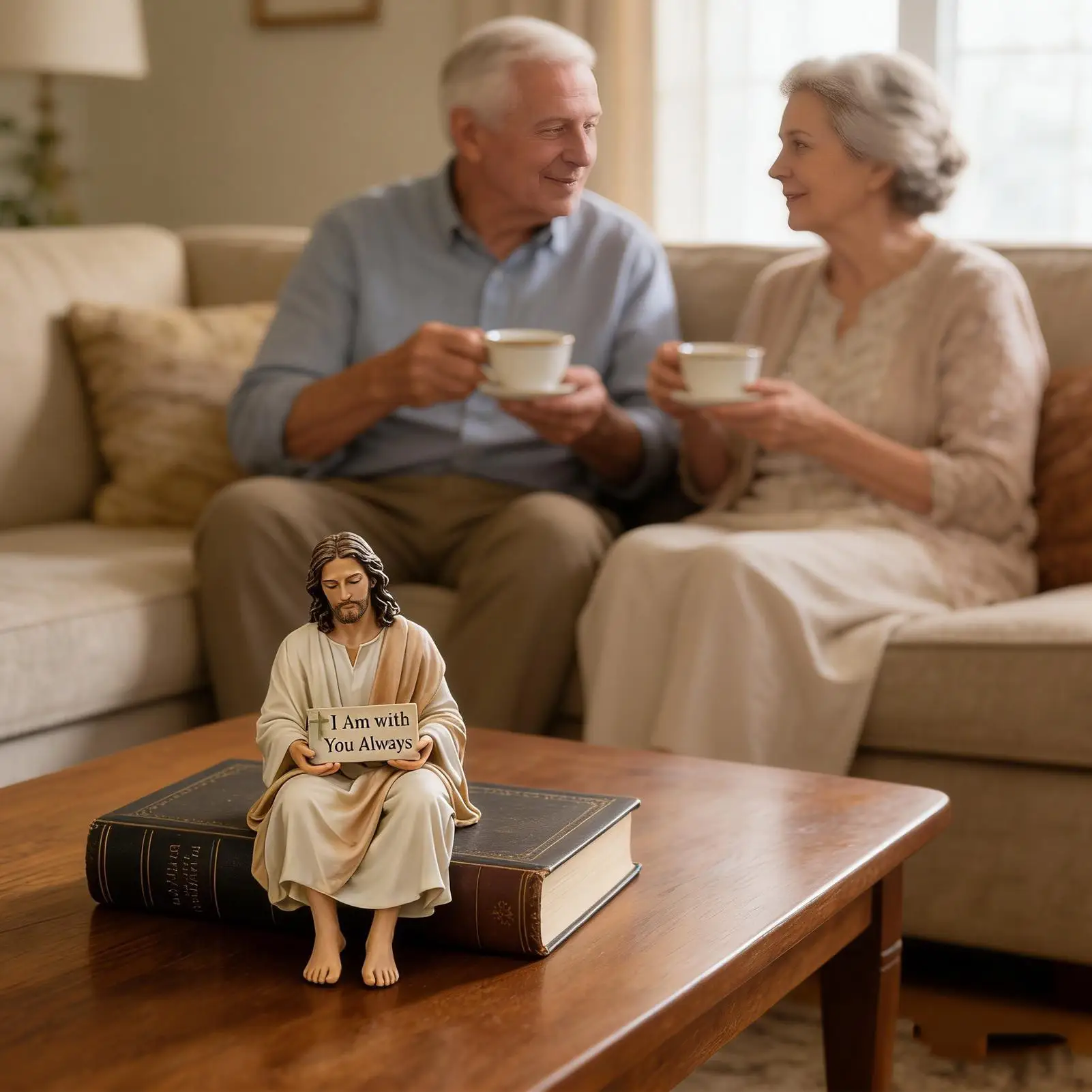 Estátua de Resina Jesus Sentado com a Inscrição 'Estou Contigo Sempre' - Decoração para Mesa e Casa, Ideal para Orações e Festas