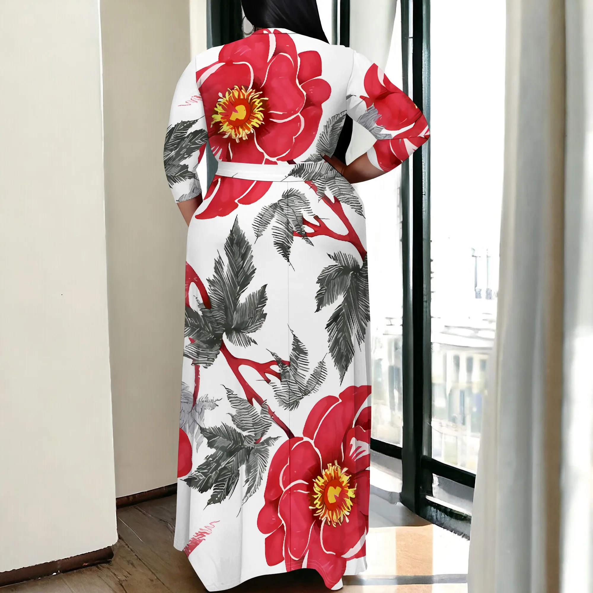 Plus Size Strapless Maxi Dress Red Floral Print Summer Holiday Bodycon Long Dress