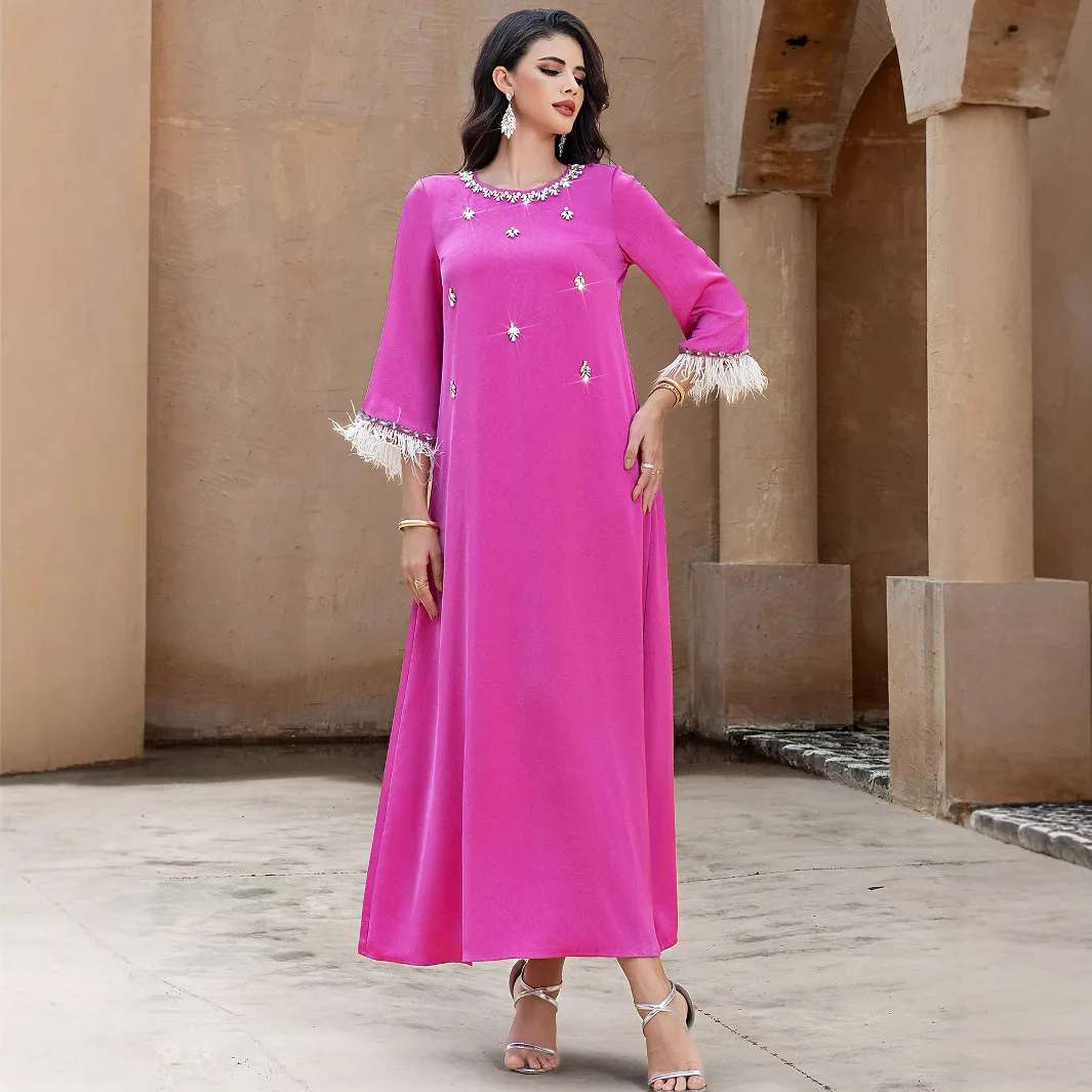 Dubai Muslim New Fashion 2026 Women's Dark Pink Casual Trendy Beading Spliced Elegant O-neck Loose Abaya Female Clothes Dresses