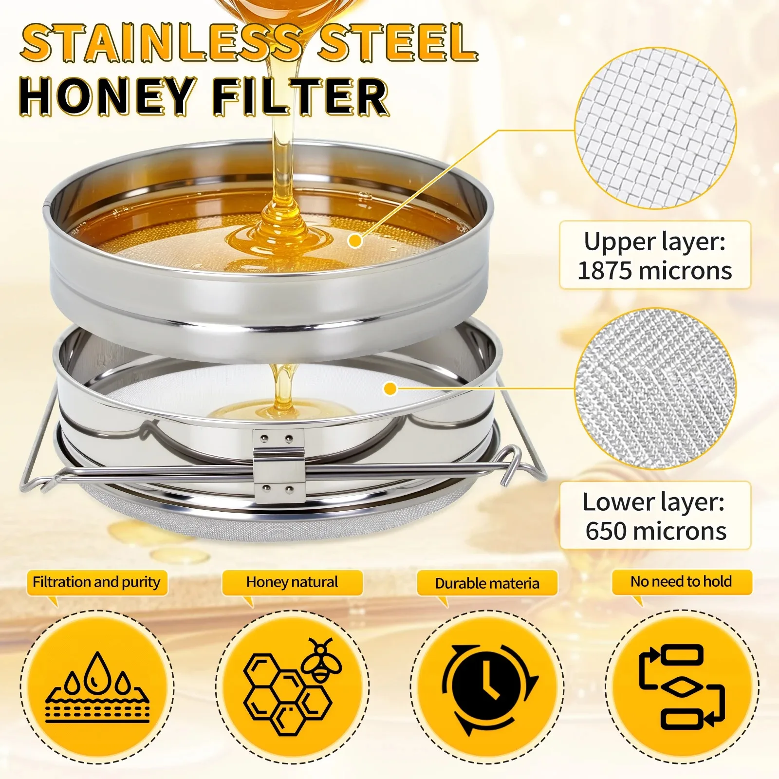 Stainless Steel Net Impurity Filter for Beekeeping Special Tools Double Sieve Strainer Beekeeping Honey Filter.