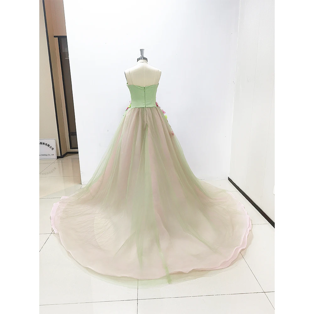 Formelle Schatz grün und rosa Applikationen Abendkleid ärmellose Kapelle Zug drapiert Ballkleid elegante Frauen lange Kleider