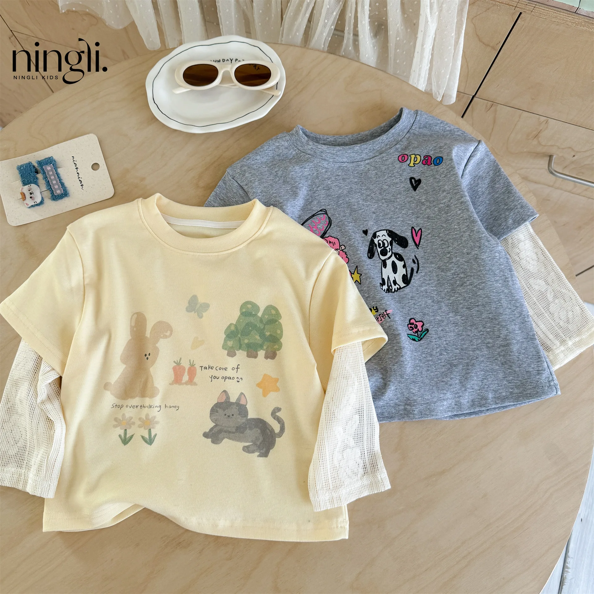 Girl T Shirt 2026 Spring and Autumn New Childrens Clothing Korean Girl Baby Foreign Style Fake Two Cartoon Printed T Shirts