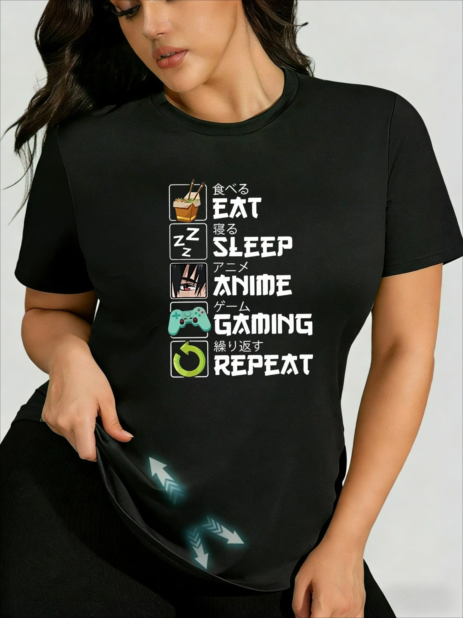 

Plus Size T-shirt with Pure Desire Style Anime & Game Slogan Design, Sweet & Spicy Sexy Top for Curvy Girls