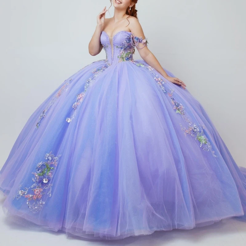 

Lavender Shiny Quinceanera Dresses Off The Shoulder Sequin Applique Lace Beading Crystal Bow Tull Party Birthday Sweet 16 Dress