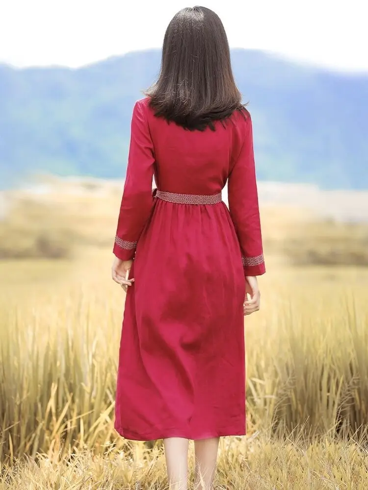 Ethnic Waist Slimming Dress Retro Style Lace-up Cotton and Linen Long Skirt