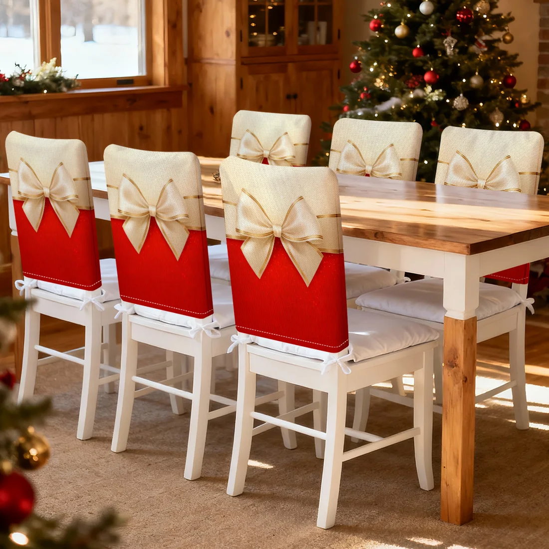 Christmas Bow Decoration Chair Cover Slipcovers Set of 2/4/6 100% Polyester Dining Room Office Banquet Chair Protective Cover