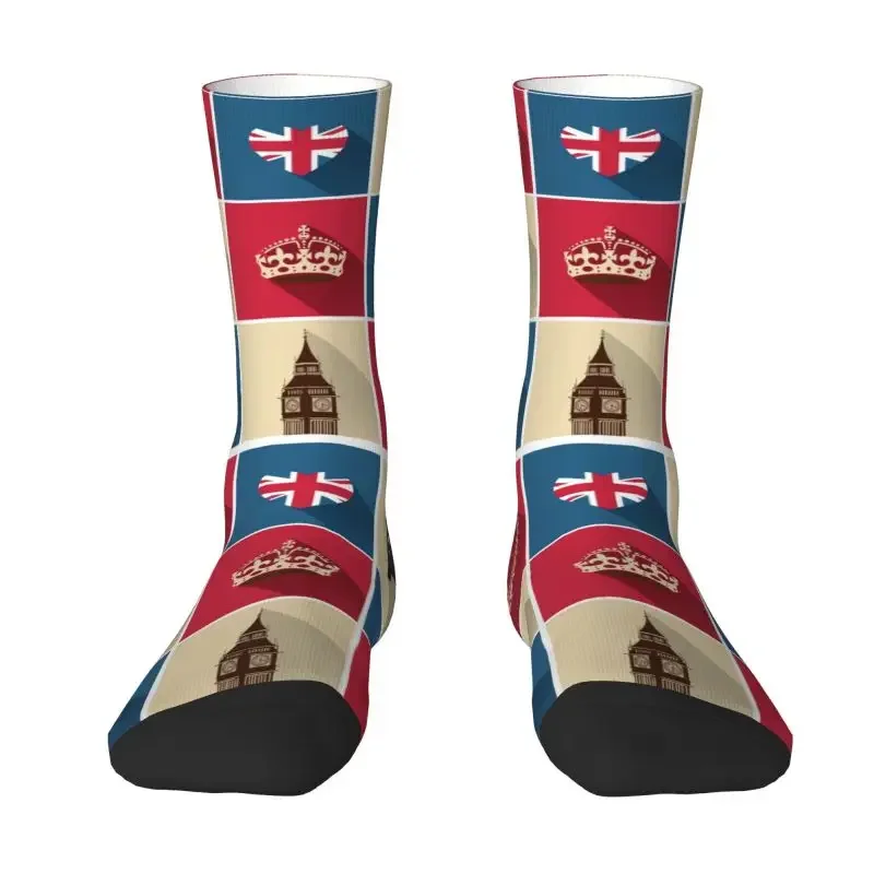 Novelty Mens Vintage UK London Symbol Dress Socks Hip Hop Breathable Comfortable 3D Print British Flag Red Bus Crazy Crew Socks