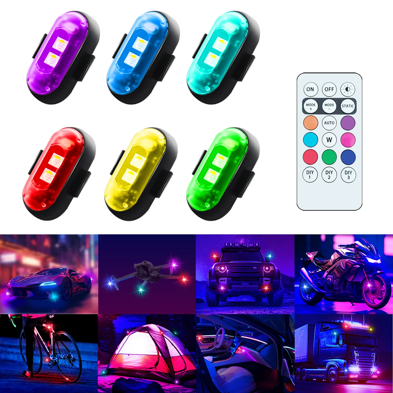 

Автомобильный светодиодный светильник с дистанционным управлением, светодиодный 8-цветный сигнальный светильник для самолета, автомобиля, мотоцикла, велосипеда, дрона, вспышка, индикаторная лампа