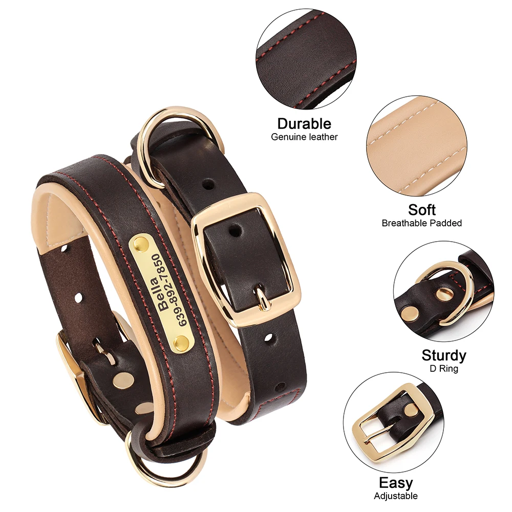 Personalized Genuine Leather Dog Collar Custom Dog Collars Soft Padded Pet Necklace for Small Medium Large Dogs Pug Labrador