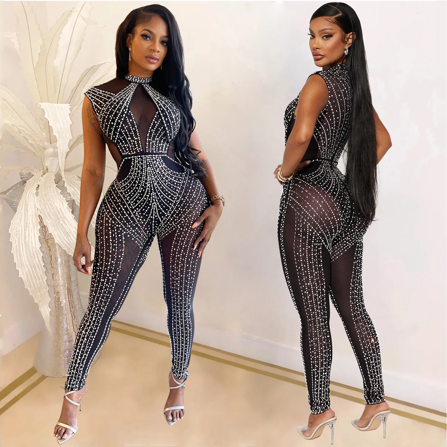 Sexy Nightclub Party Prom Club Solid Color Mesh Hot Rhinestone Sleeveless Pants Jumpsuit