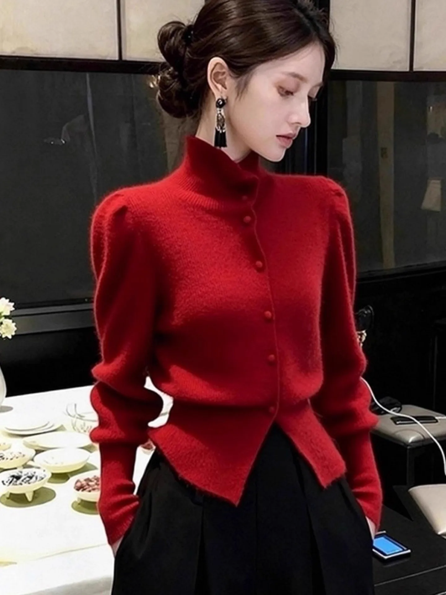 

Red High Collar ort Knitted Open Cardigan Women's Slim Fit Long Sve Top for Autumn Winter New Sle Simple Sle Faion
