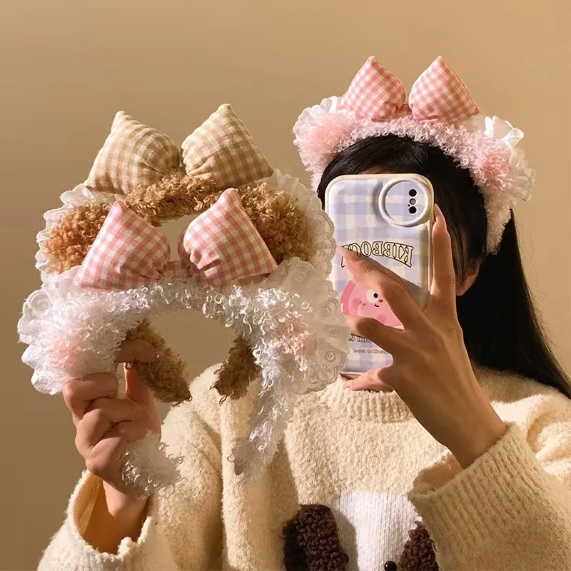 Hair Clips Little Bear Ear Bow Lace Facial Cleansing Hair Band Female Makeup Hair Clip Sweet Style Pink Hair Band Head Accessory