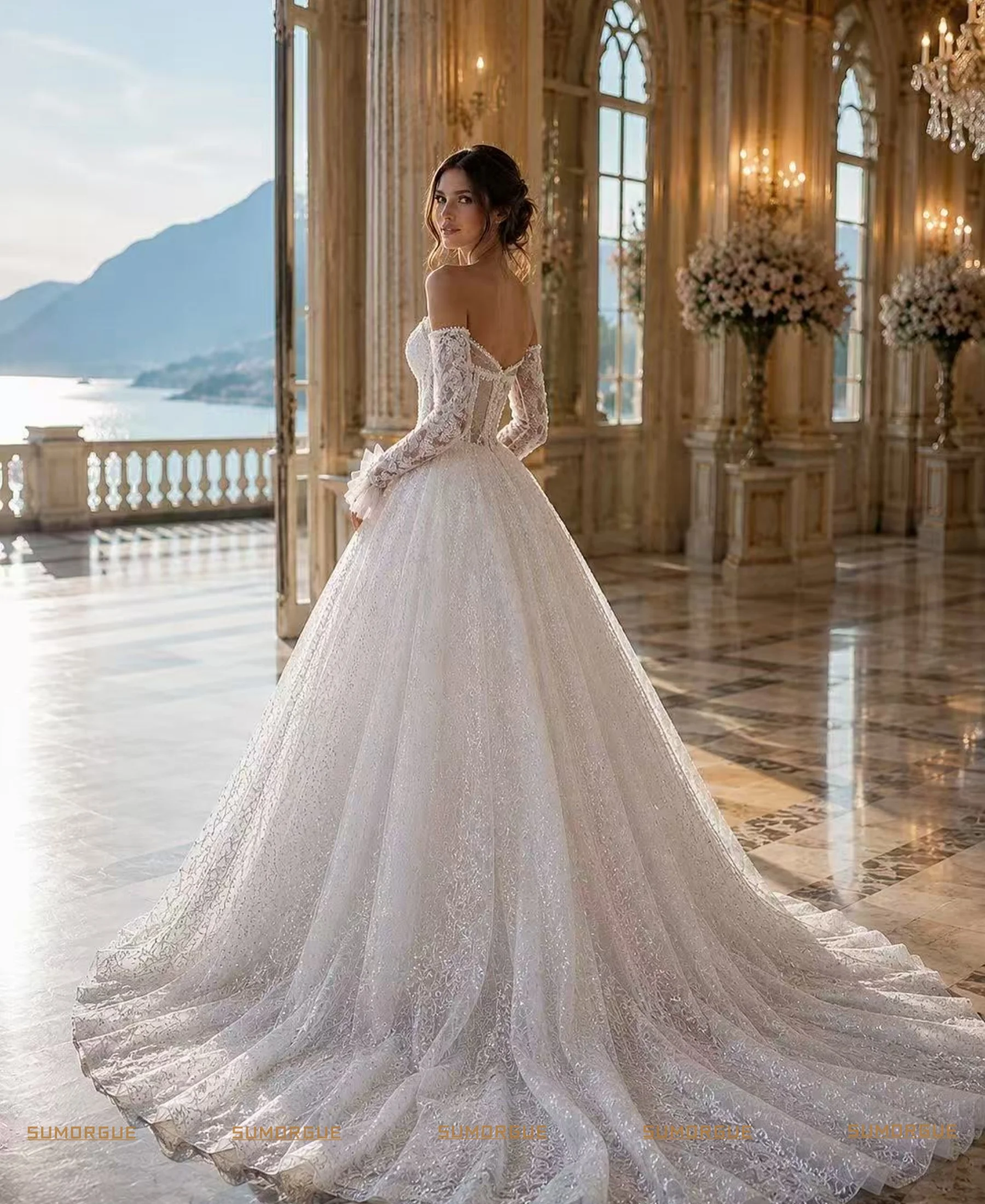 Luxury Off Shoulder Lace Wedding Dress Long Sleeve Lace Princess Ball Gown Bridal Gown High-end Customized Vestidos De Novia
