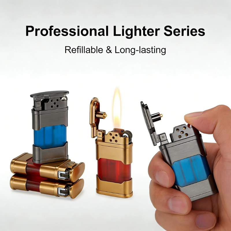 

Vintage Metal Butane Lighter | Transparent Oil Tank Grinding Wheel Ignition Windproof Open Flame Smoking Accessory
